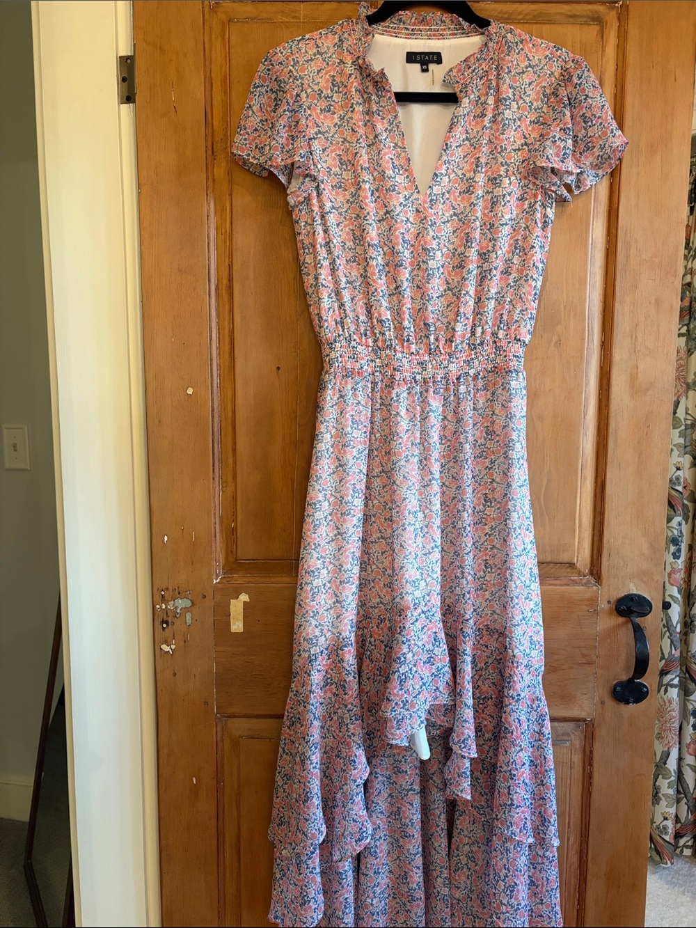 STATE Pink & Blue Floral Ruffle Maxi Dress